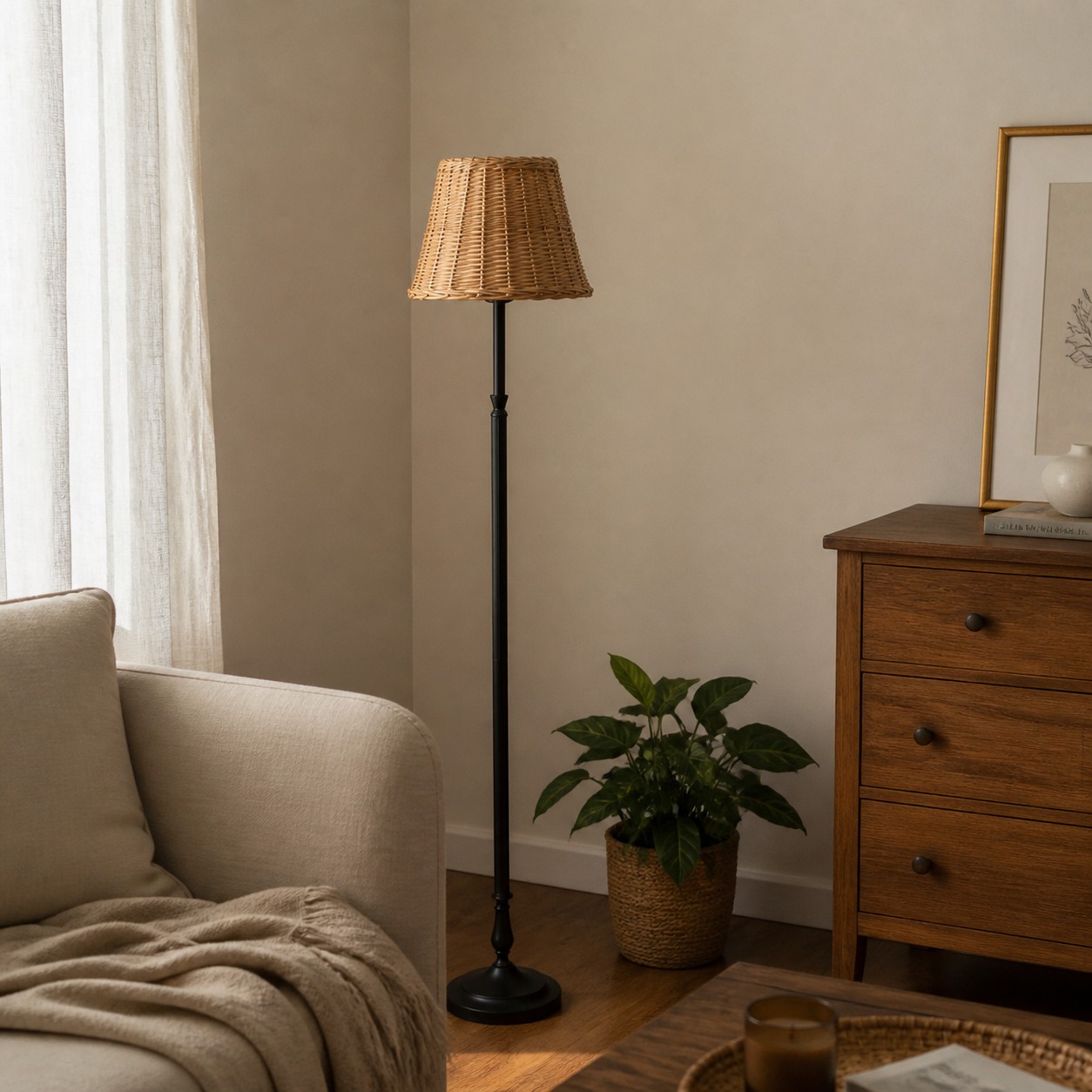 Rattan shade floor lamp in a warm bedroom corner