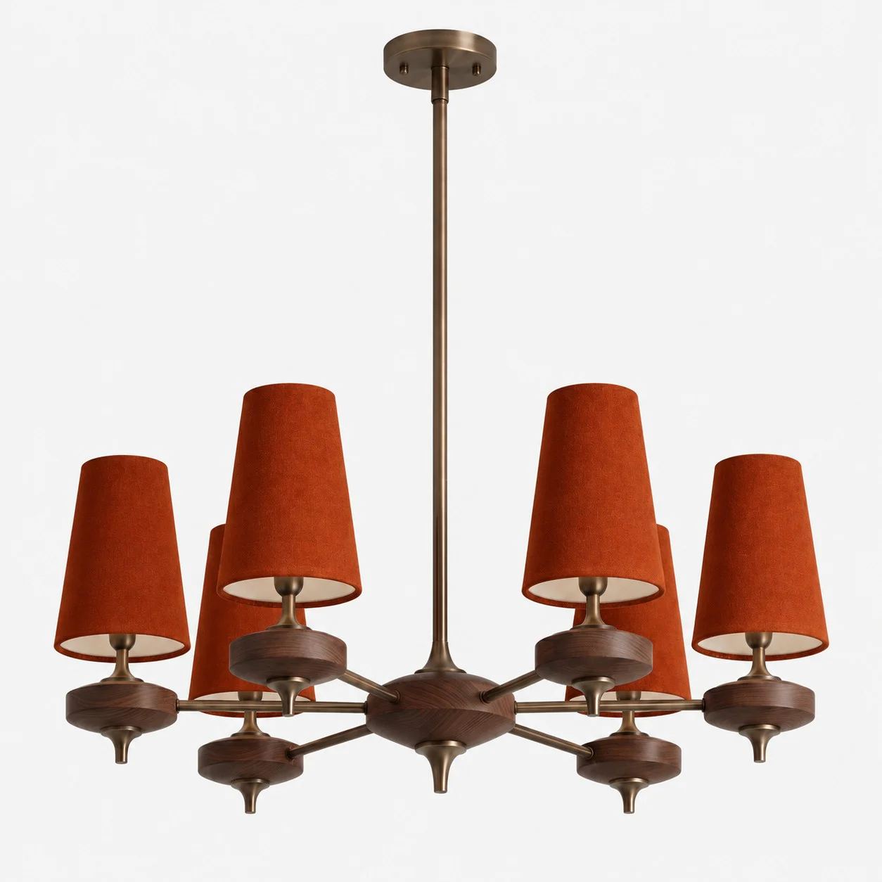 6-light Hour Rho chandelier with red velvet shades